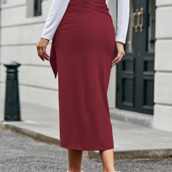 Tie-Waist Midi Skirt in Deep Berry Red - Picture 7 of 9